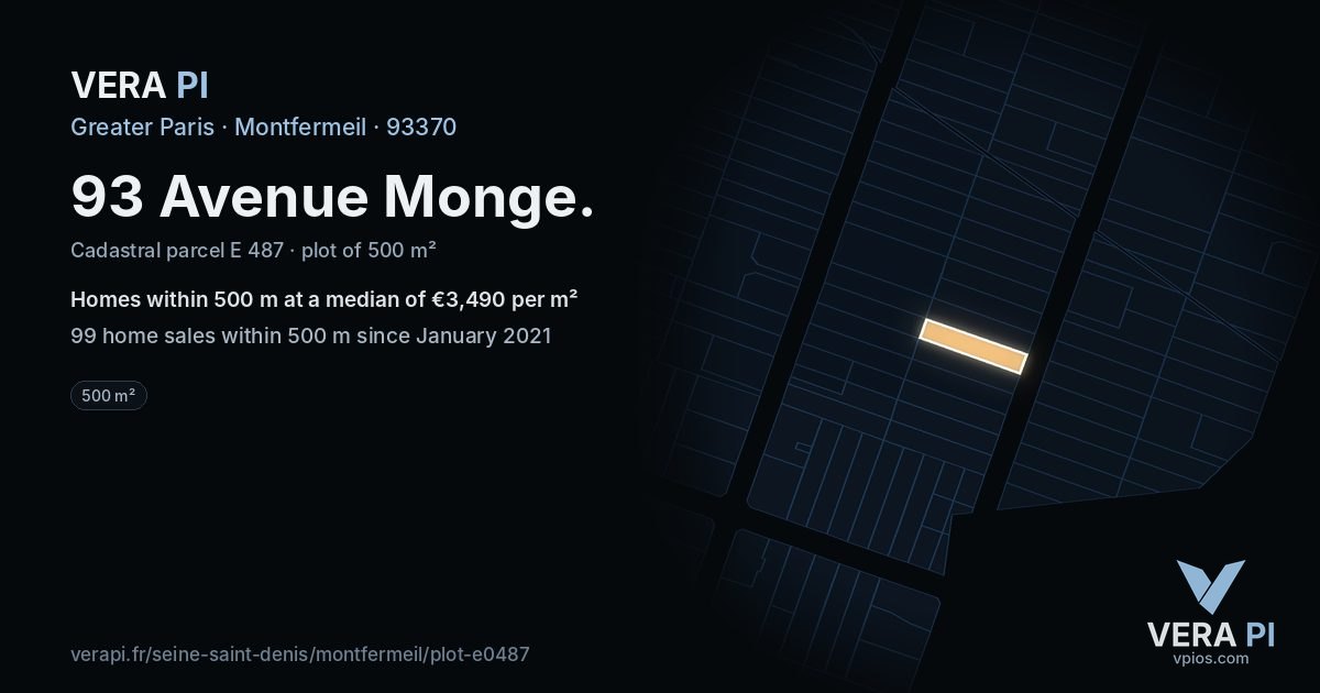 93 Avenue Monge, Montfermeil at night – the plot lit, the parcels around coloured by the prices near them