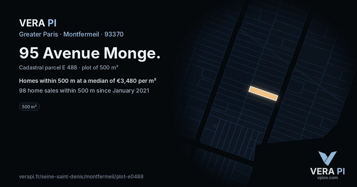 95 Avenue Monge, Montfermeil at night – the plot lit, the parcels around coloured by the prices near them