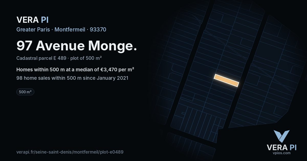 97 Avenue Monge, Montfermeil at night – the plot lit, the parcels around coloured by the prices near them