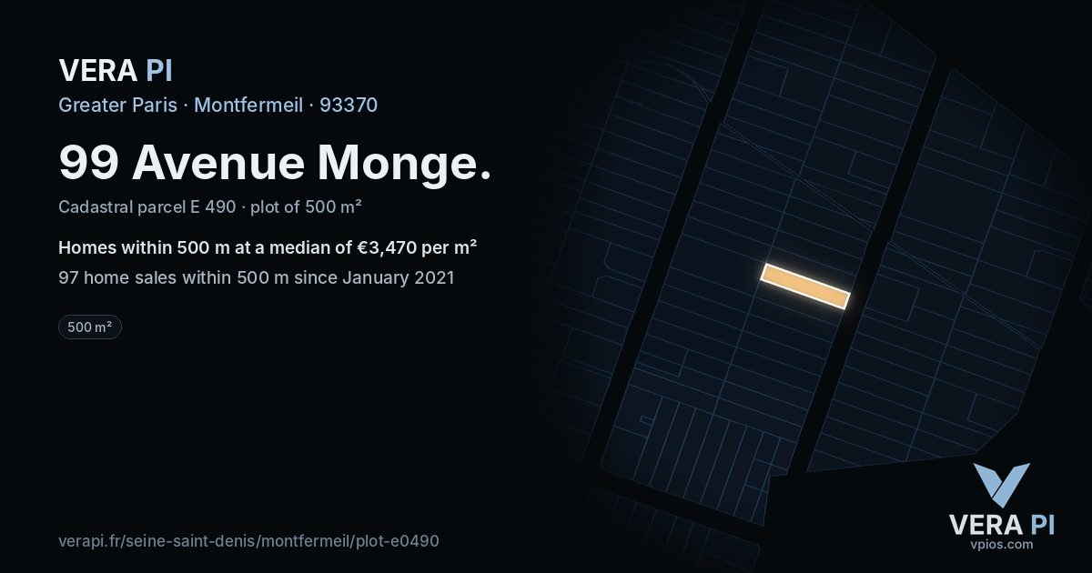 99 Avenue Monge, Montfermeil at night – the plot lit, the parcels around coloured by the prices near them