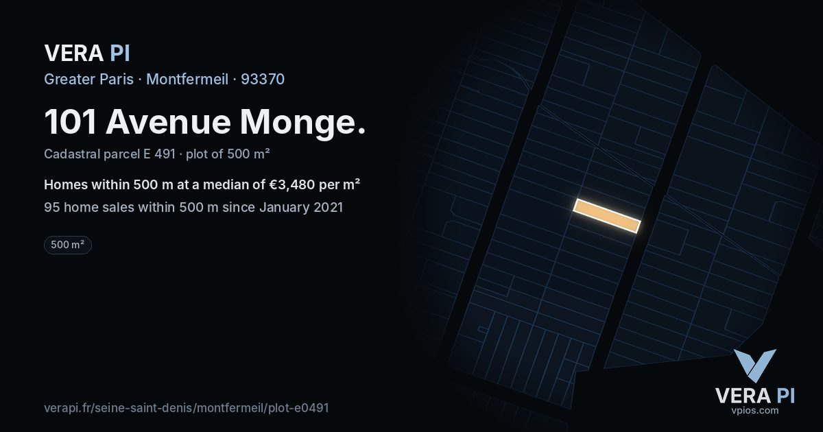 101 Avenue Monge, Montfermeil at night – the plot lit, the parcels around coloured by the prices near them
