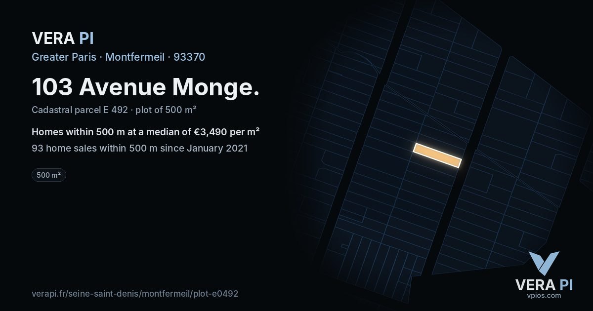 103 Avenue Monge, Montfermeil at night – the plot lit, the parcels around coloured by the prices near them