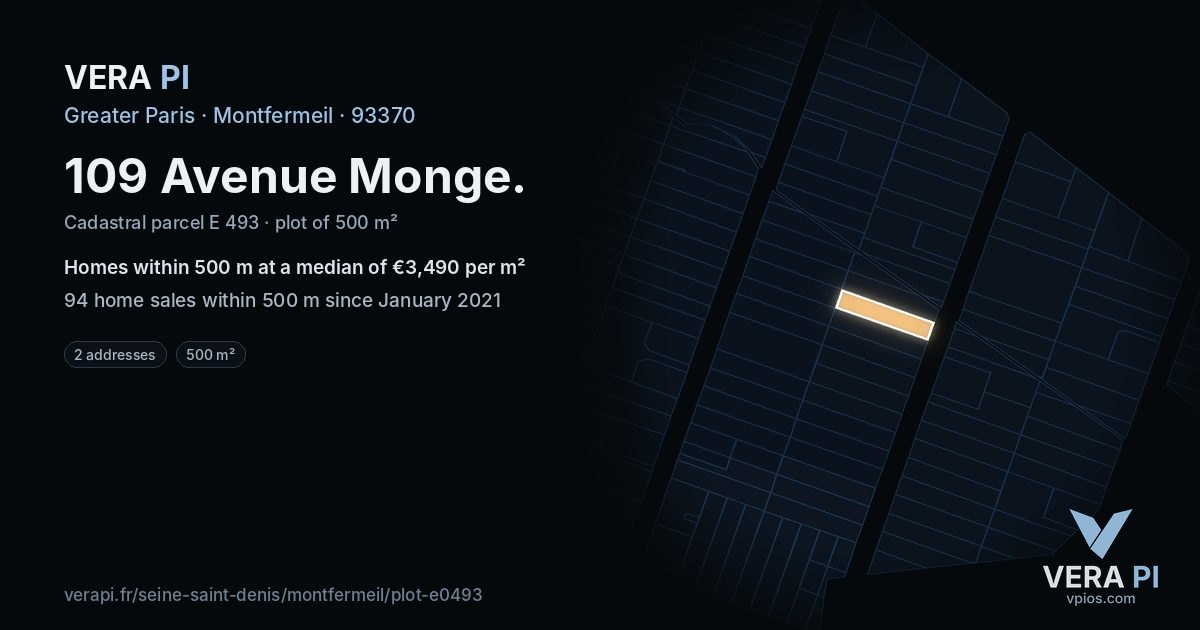 109 Avenue Monge, Montfermeil at night – the plot lit, the parcels around coloured by the prices near them