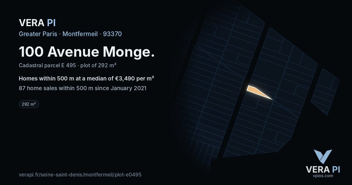 100 Avenue Monge, Montfermeil at night – the plot lit, the parcels around coloured by the prices near them