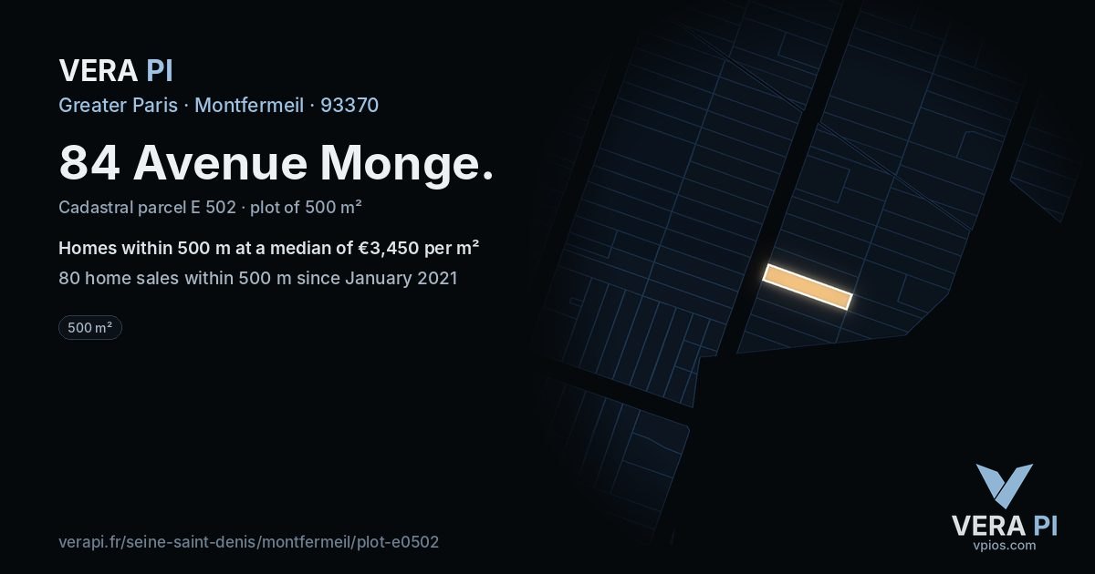 84 Avenue Monge, Montfermeil at night – the plot lit, the parcels around coloured by the prices near them