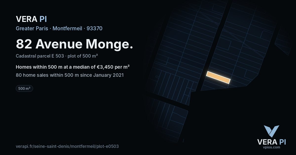 82 Avenue Monge, Montfermeil at night – the plot lit, the parcels around coloured by the prices near them