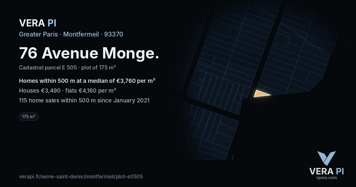 76 Avenue Monge, Montfermeil at night – the plot lit, the parcels around coloured by the prices near them
