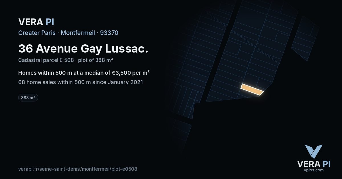 36 Avenue Gay Lussac, Montfermeil at night – the plot lit, the parcels around coloured by the prices near them