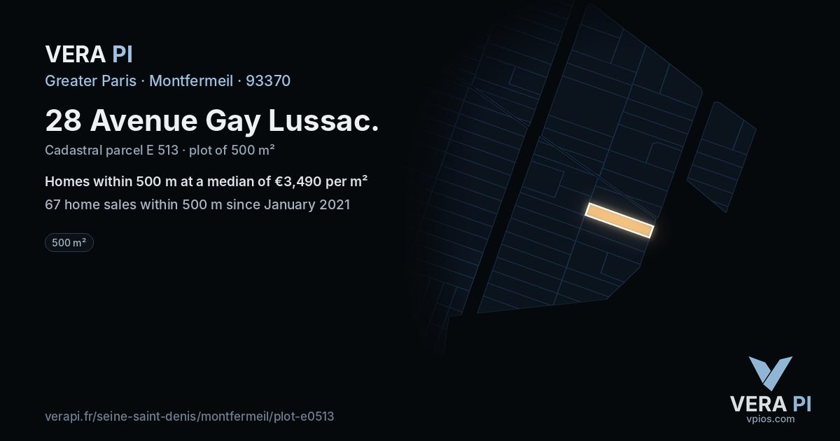 28 Avenue Gay Lussac, Montfermeil at night – the plot lit, the parcels around coloured by the prices near them