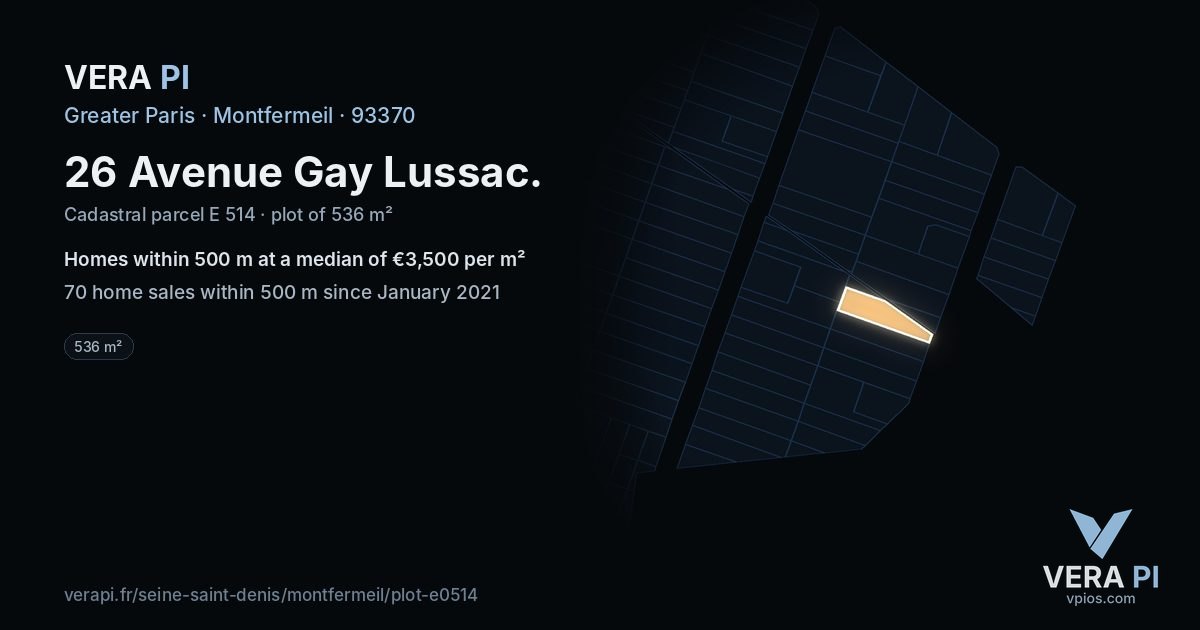 26 Avenue Gay Lussac, Montfermeil at night – the plot lit, the parcels around coloured by the prices near them