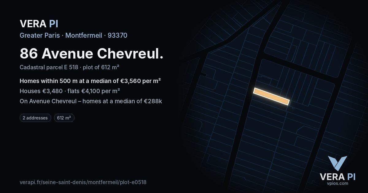 86 Avenue Chevreul, Montfermeil at night – the plot lit, the parcels around coloured by the prices near them
