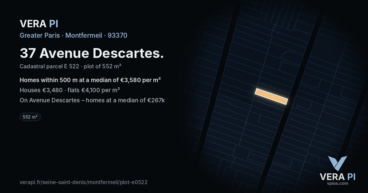 37 Avenue Descartes, Montfermeil at night – the plot lit, the parcels around coloured by the prices near them