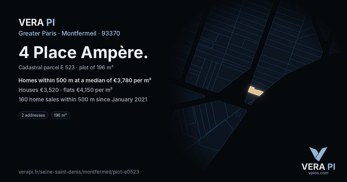 4 Place Ampère, Montfermeil at night – the plot lit, the parcels around coloured by the prices near them