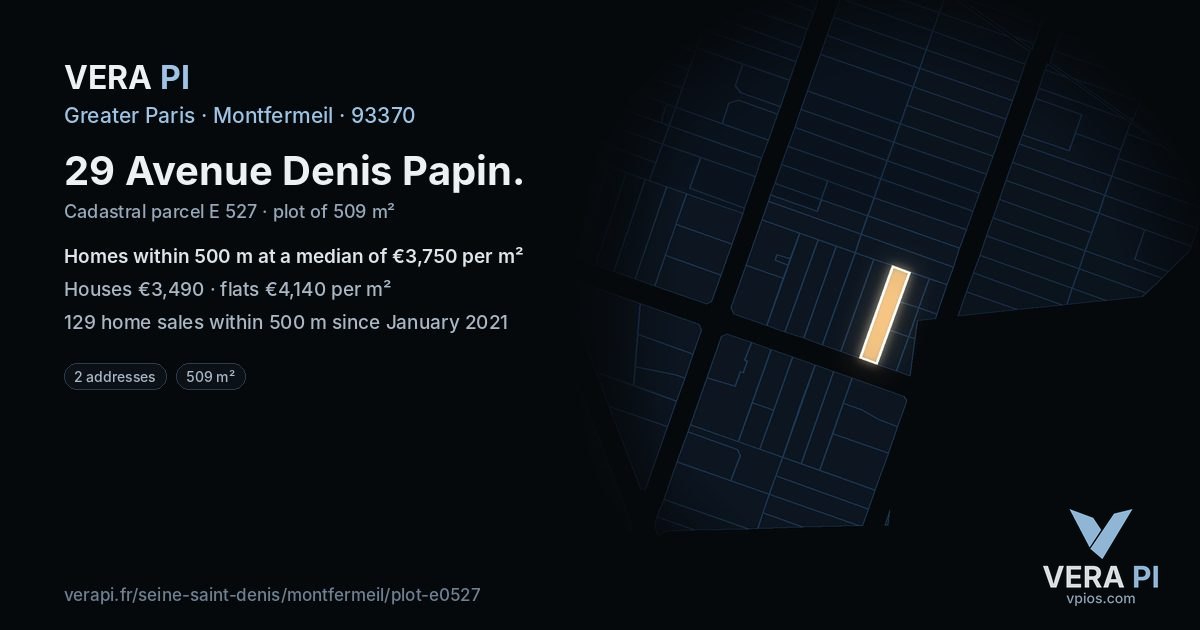 29 Avenue Denis Papin, Montfermeil at night – the plot lit, the parcels around coloured by the prices near them