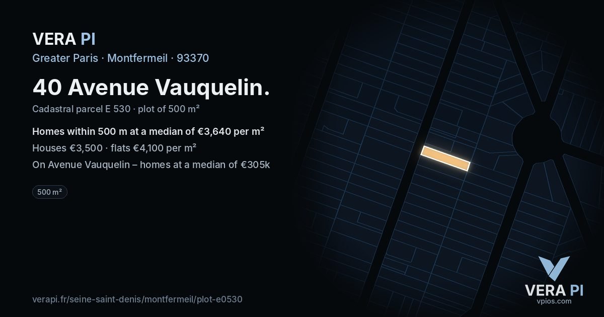 40 Avenue Vauquelin, Montfermeil at night – the plot lit, the parcels around coloured by the prices near them