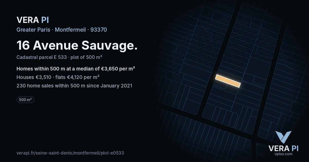 16 Avenue Sauvage, Montfermeil at night – the plot lit, the parcels around coloured by the prices near them