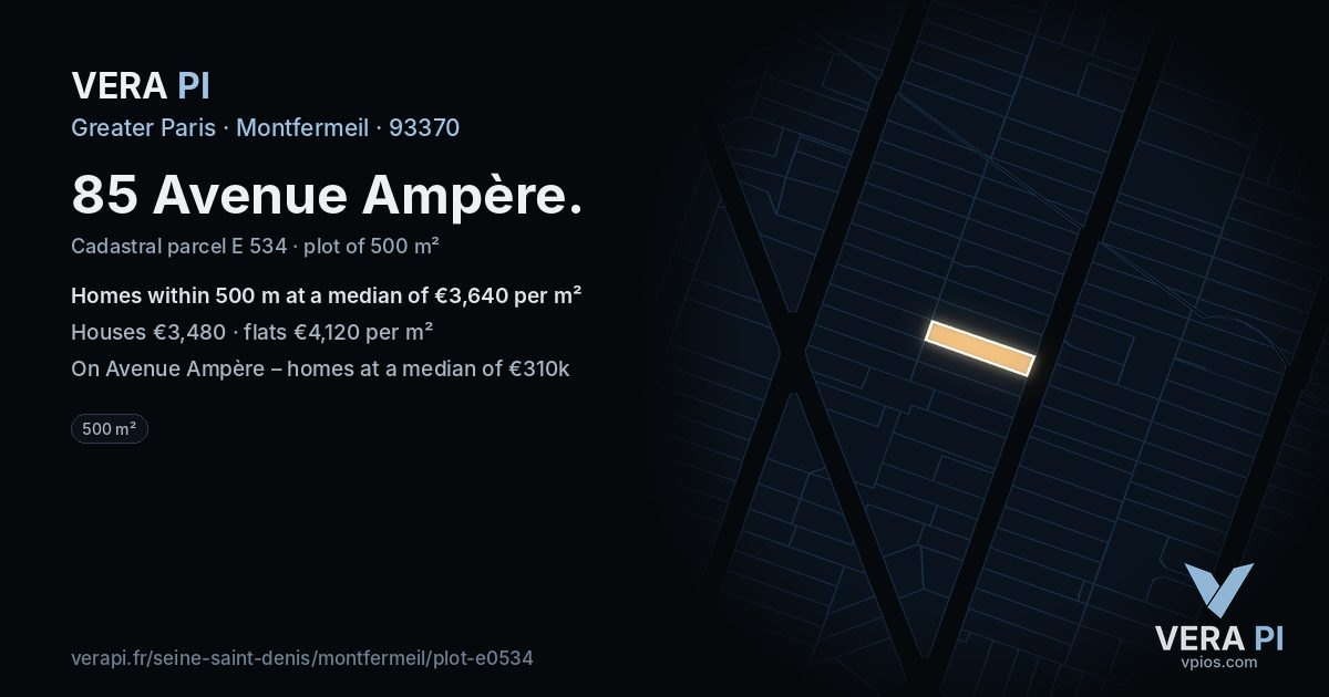 85 Avenue Ampère, Montfermeil at night – the plot lit, the parcels around coloured by the prices near them