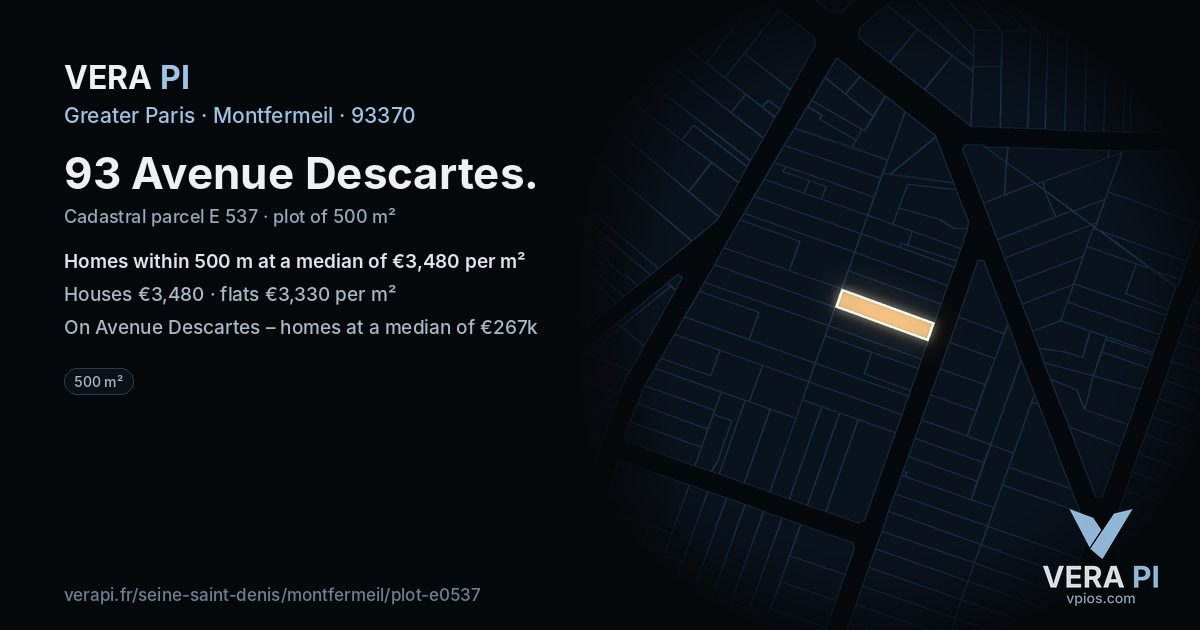 93 Avenue Descartes, Montfermeil at night – the plot lit, the parcels around coloured by the prices near them