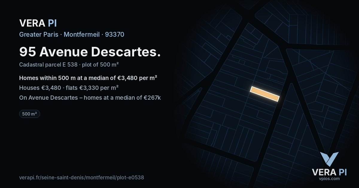 95 Avenue Descartes, Montfermeil at night – the plot lit, the parcels around coloured by the prices near them