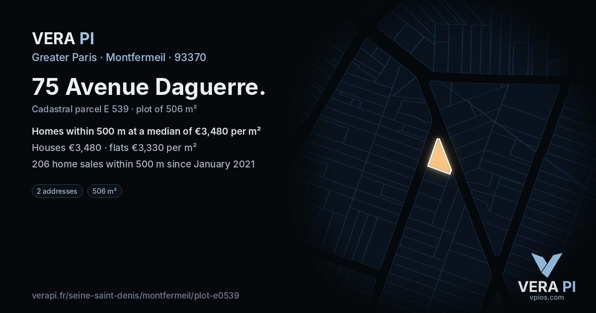 75 Avenue Daguerre, Montfermeil at night – the plot lit, the parcels around coloured by the prices near them