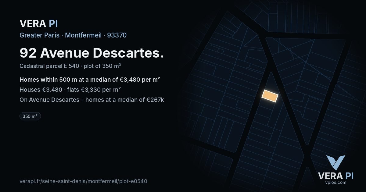 92 Avenue Descartes, Montfermeil at night – the plot lit, the parcels around coloured by the prices near them