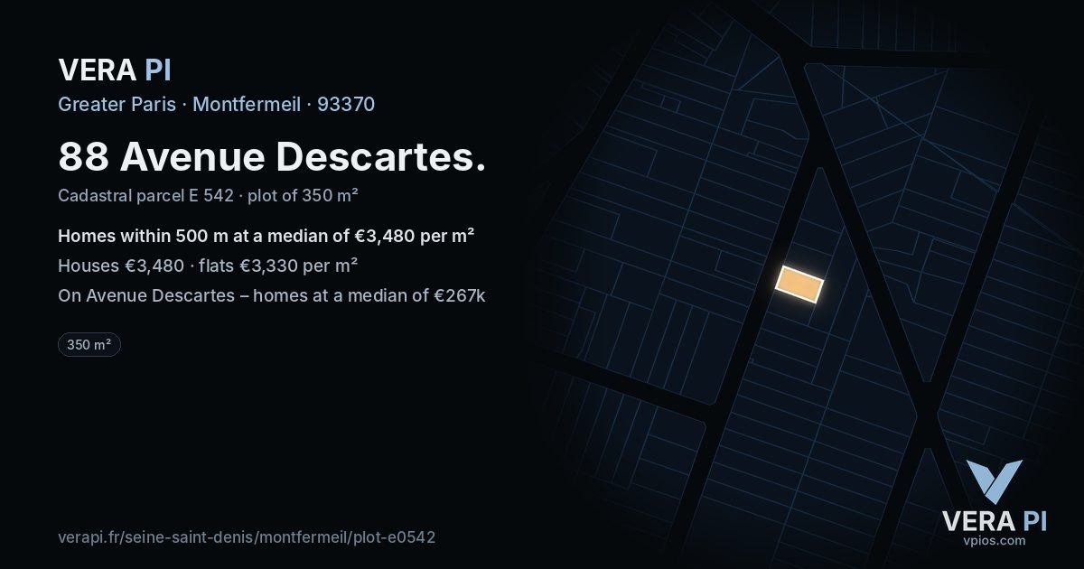 88 Avenue Descartes, Montfermeil at night – the plot lit, the parcels around coloured by the prices near them
