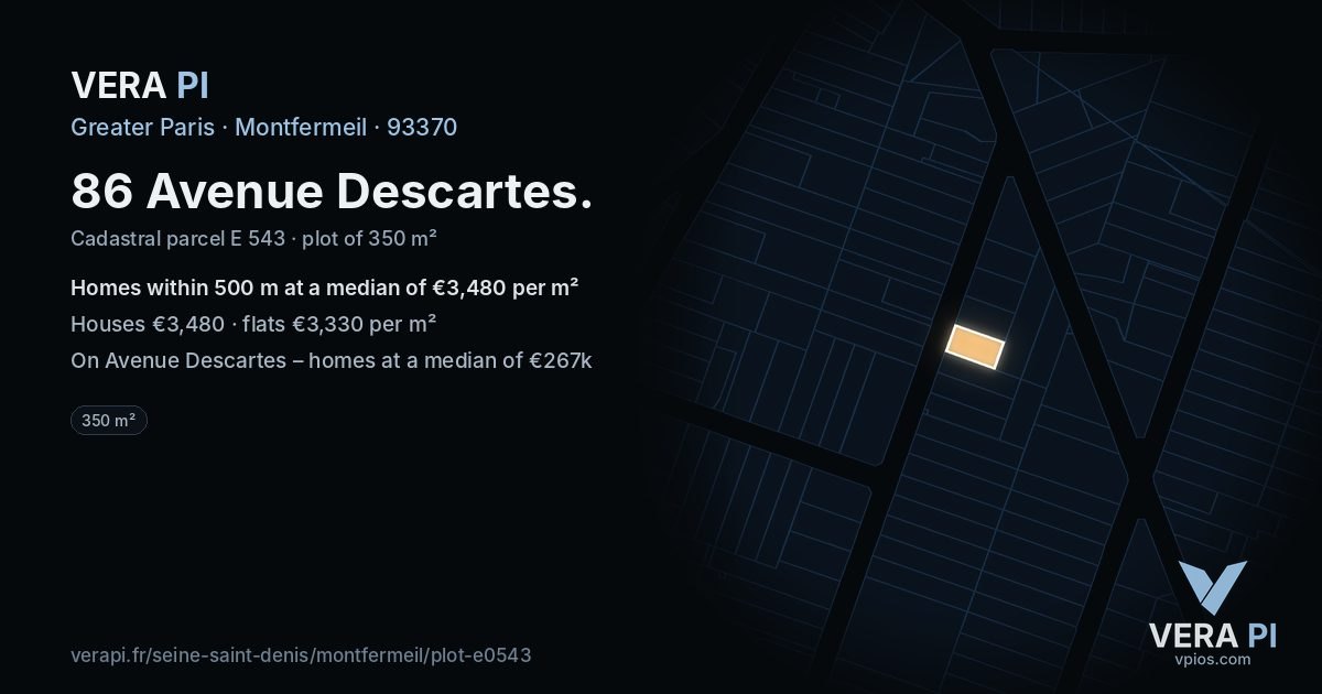 86 Avenue Descartes, Montfermeil at night – the plot lit, the parcels around coloured by the prices near them