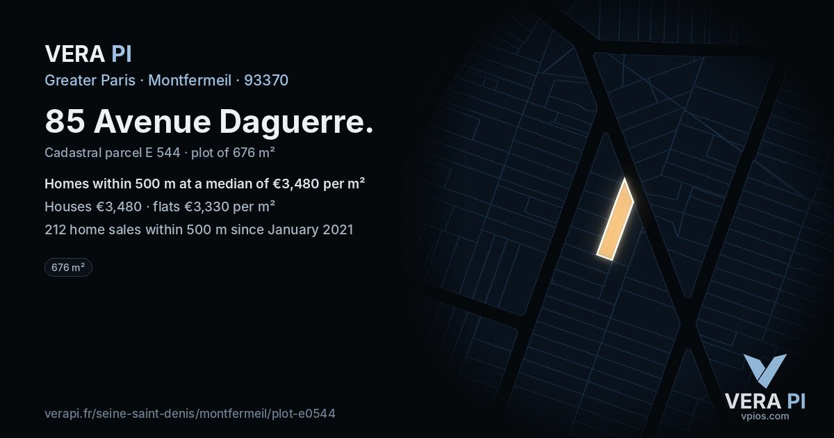 85 Avenue Daguerre, Montfermeil at night – the plot lit, the parcels around coloured by the prices near them