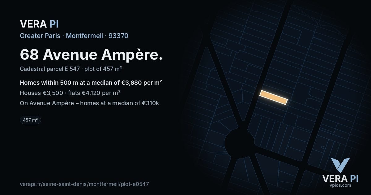 68 Avenue Ampère, Montfermeil at night – the plot lit, the parcels around coloured by the prices near them