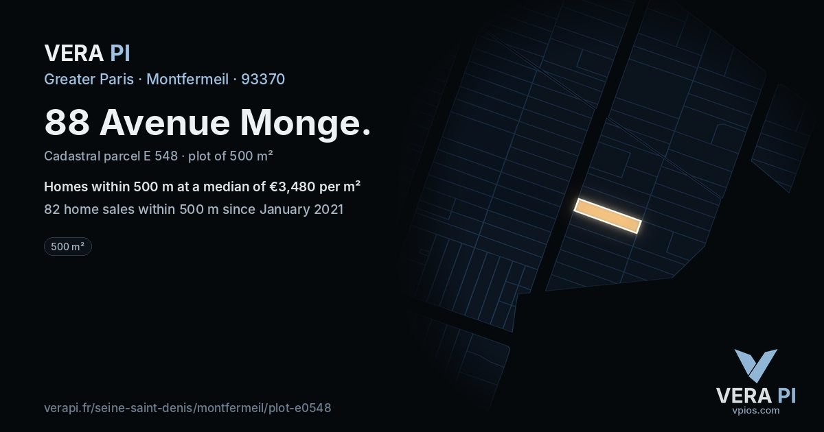 88 Avenue Monge, Montfermeil at night – the plot lit, the parcels around coloured by the prices near them