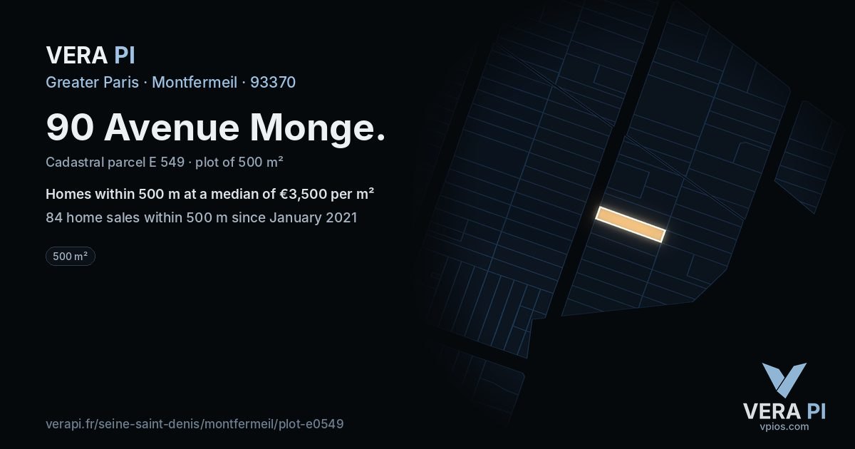 90 Avenue Monge, Montfermeil at night – the plot lit, the parcels around coloured by the prices near them