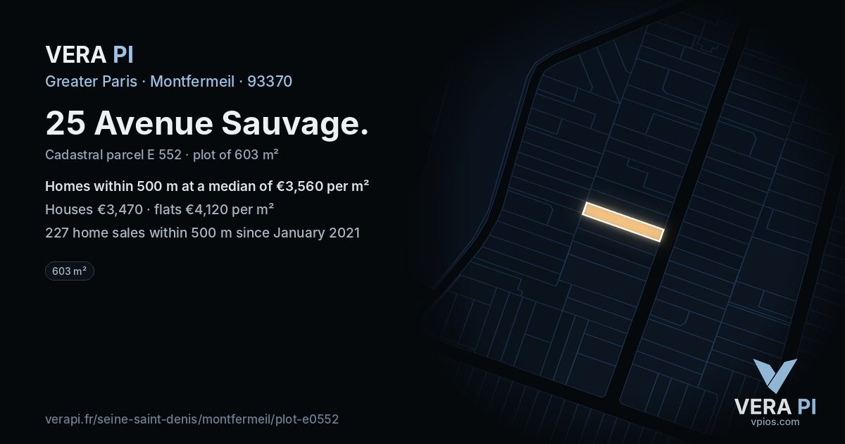 25 Avenue Sauvage, Montfermeil at night – the plot lit, the parcels around coloured by the prices near them