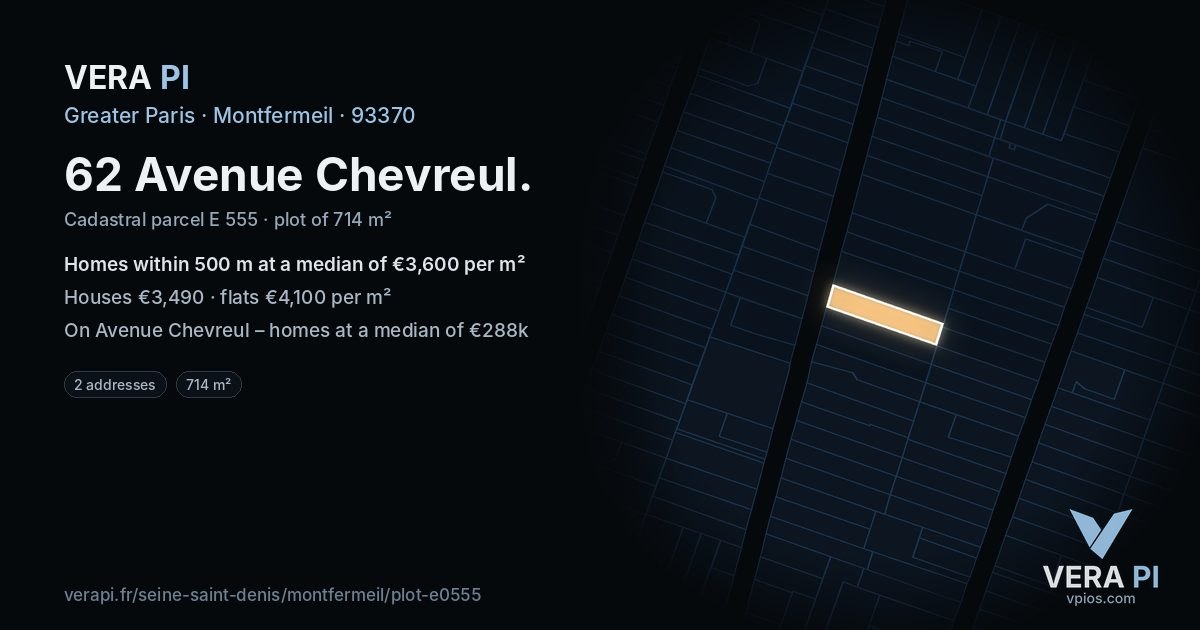 62 Avenue Chevreul, Montfermeil at night – the plot lit, the parcels around coloured by the prices near them