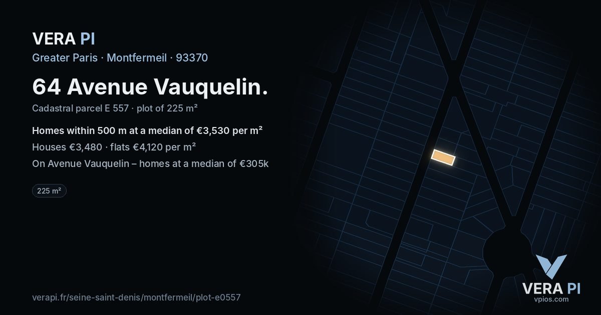 64 Avenue Vauquelin, Montfermeil at night – the plot lit, the parcels around coloured by the prices near them