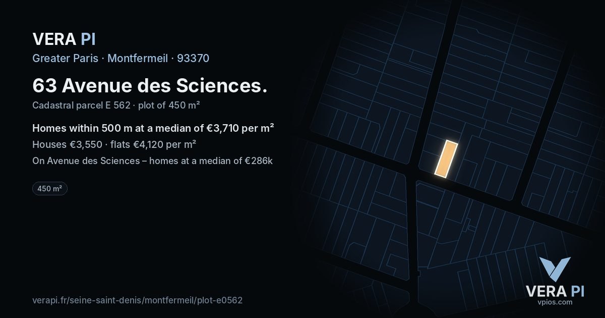 63 Avenue des Sciences, Montfermeil at night – the plot lit, the parcels around coloured by the prices near them