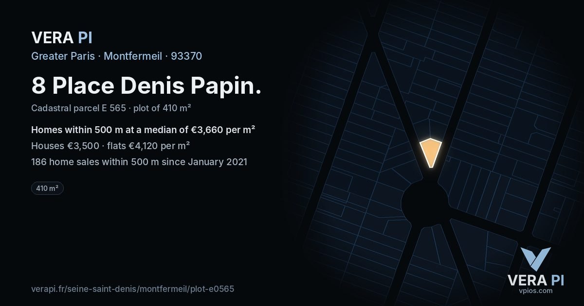 8 Place Denis Papin, Montfermeil at night – the plot lit, the parcels around coloured by the prices near them