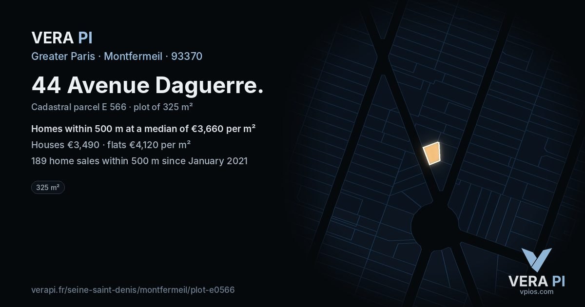 44 Avenue Daguerre, Montfermeil at night – the plot lit, the parcels around coloured by the prices near them
