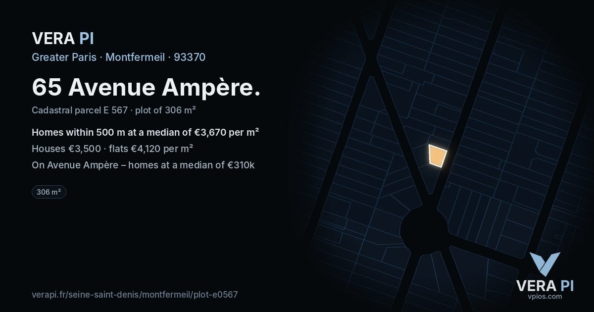 65 Avenue Ampère, Montfermeil at night – the plot lit, the parcels around coloured by the prices near them