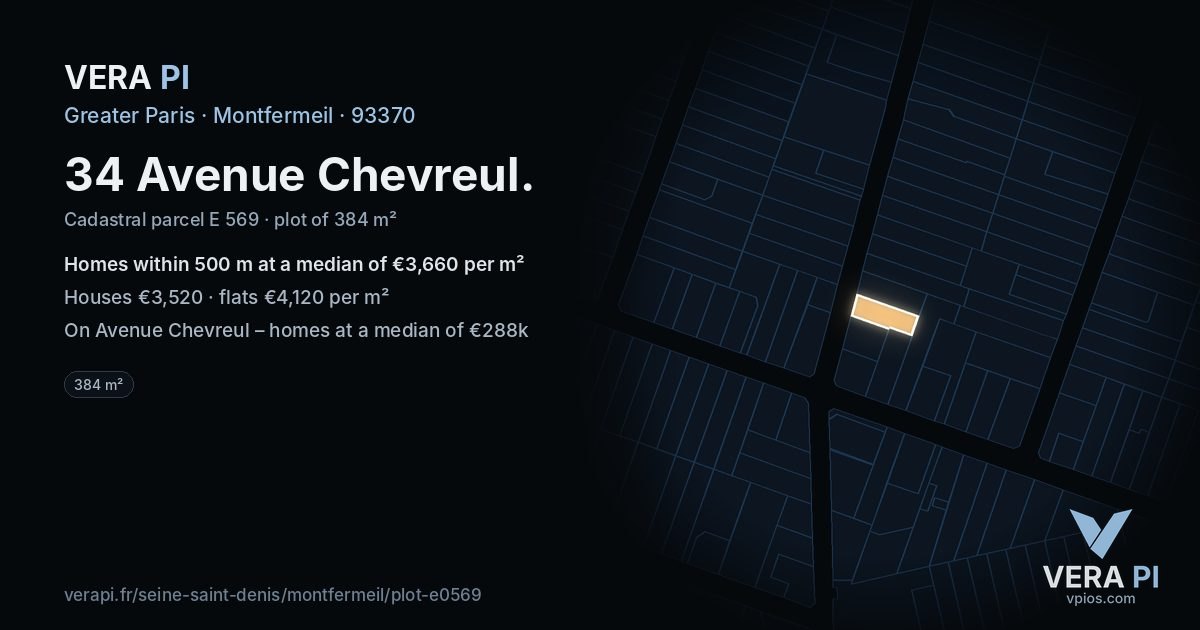 34 Avenue Chevreul, Montfermeil at night – the plot lit, the parcels around coloured by the prices near them