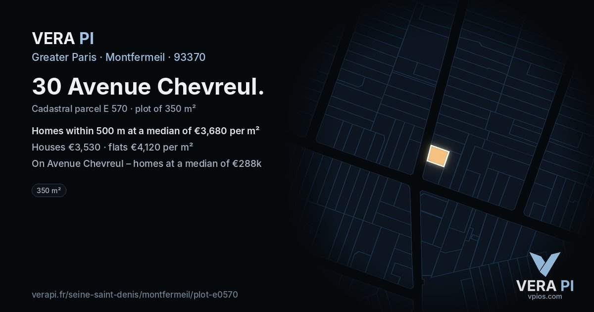 30 Avenue Chevreul, Montfermeil at night – the plot lit, the parcels around coloured by the prices near them
