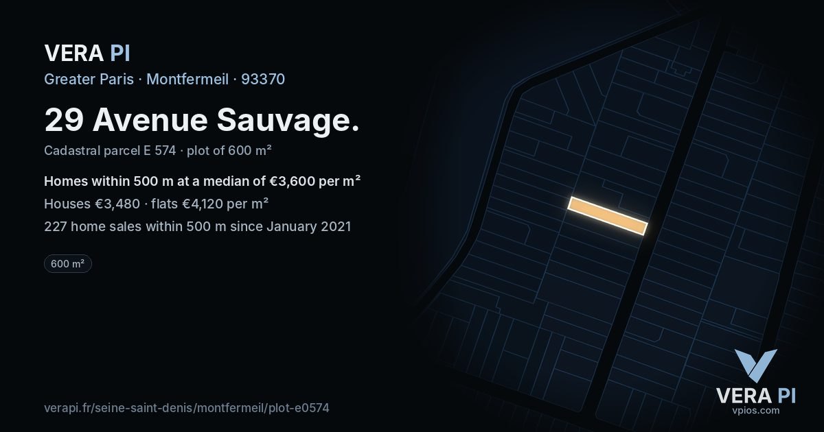 29 Avenue Sauvage, Montfermeil at night – the plot lit, the parcels around coloured by the prices near them