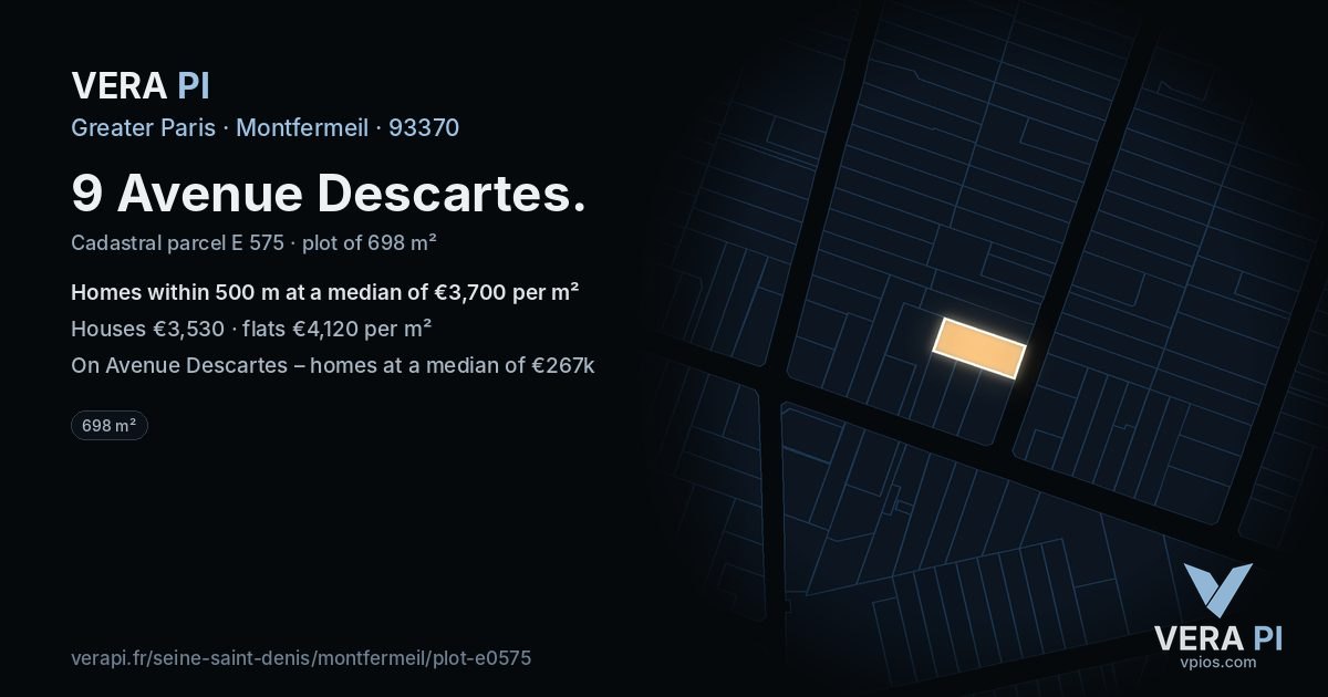 9 Avenue Descartes, Montfermeil at night – the plot lit, the parcels around coloured by the prices near them