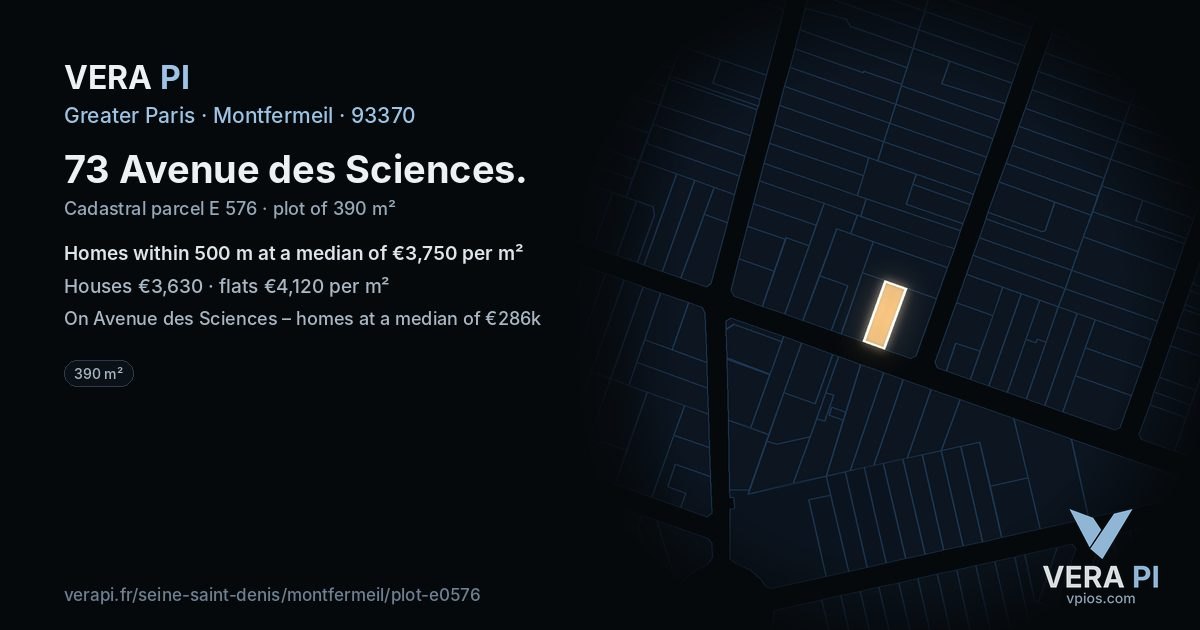 73 Avenue des Sciences, Montfermeil at night – the plot lit, the parcels around coloured by the prices near them