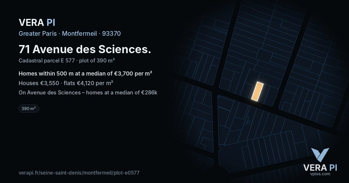 71 Avenue des Sciences, Montfermeil at night – the plot lit, the parcels around coloured by the prices near them