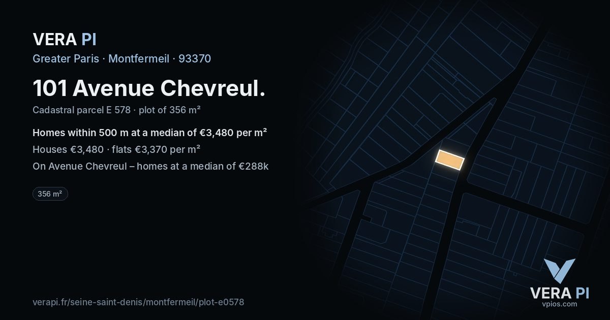 101 Avenue Chevreul, Montfermeil at night – the plot lit, the parcels around coloured by the prices near them