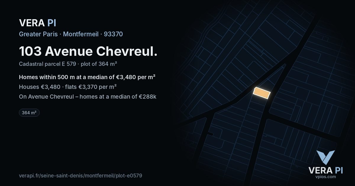 103 Avenue Chevreul, Montfermeil at night – the plot lit, the parcels around coloured by the prices near them