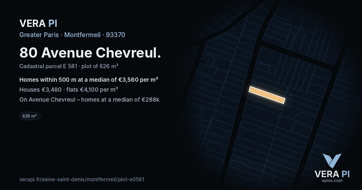 80 Avenue Chevreul, Montfermeil at night – the plot lit, the parcels around coloured by the prices near them
