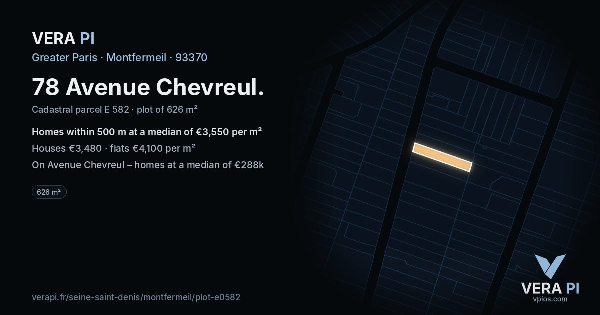 78 Avenue Chevreul, Montfermeil at night – the plot lit, the parcels around coloured by the prices near them