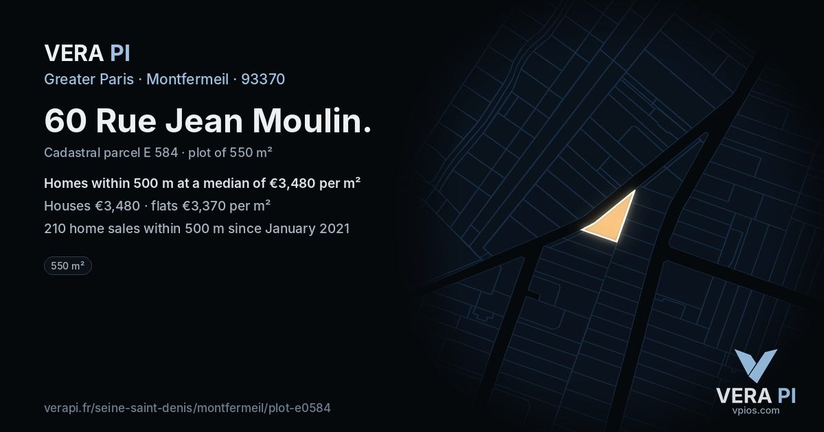 60 Rue Jean Moulin, Montfermeil at night – the plot lit, the parcels around coloured by the prices near them