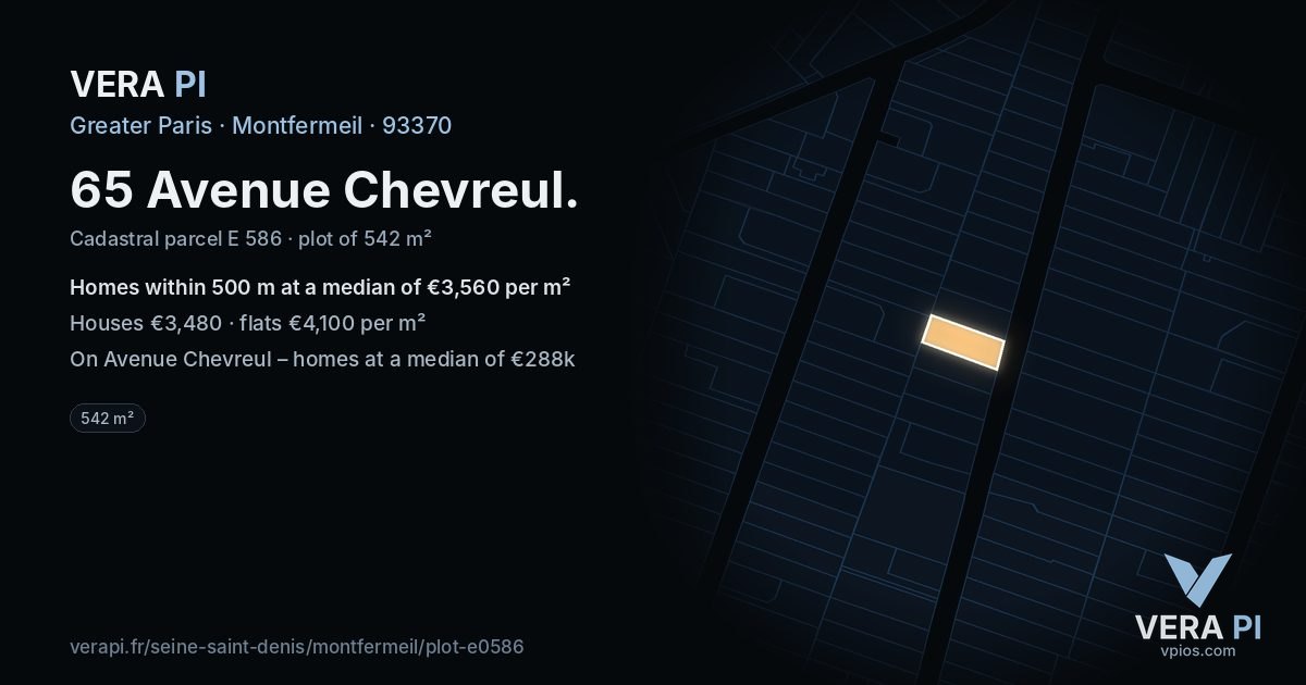 65 Avenue Chevreul, Montfermeil at night – the plot lit, the parcels around coloured by the prices near them